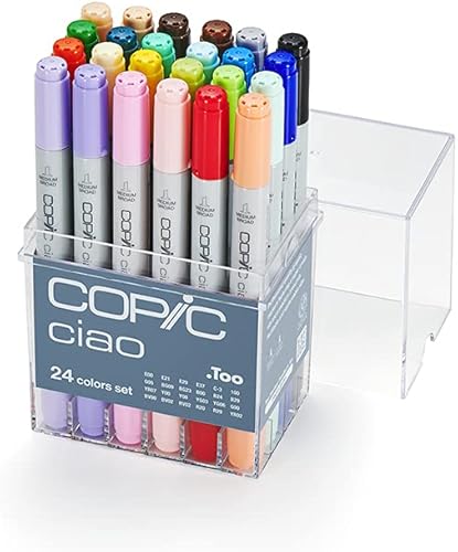 COPIC Ciao Set de 24 marqueurs à encre à alcool permanente double pointe, pointe pinceau ultra souple et large biseautée, rechargeable, Assortiment - Nail Gallerys