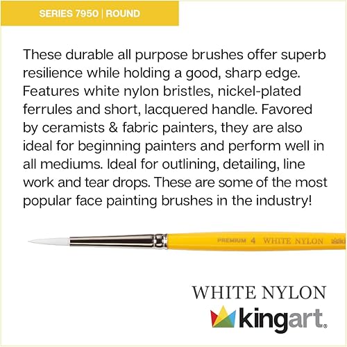 KINGART B-087 Lot de 8 pinceaux ronds en nylon blanc pour peinture sur visage, tissu, céramique, manche court, 8 tailles : 0, 1, 2, 3, 4, 5, 6, 8 - Nail Gallerys