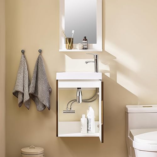 SoBuy Meuble Suspendu avec Lavabo Armoire de Salle de Bain avec Lavabo Meuble Salle de Bain avec Vasque Ensemble de Lavabo Meuble Lave-Mains, Marron, 40x22x56 cm, BZR196-BR - Nail Gallerys