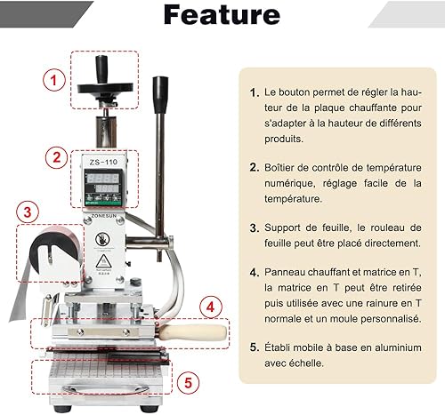 ZONESUN Machine d'estampage à chaud, plaque de fer, établi coulissant en hauteur réglable, outils de gaufrage du cuir - Nail Gallerys
