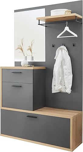 Stella Trading LOUIS Vestiaire d'entrée compact gris foncé - Vestiaire compact stylé avec miroir pour votre entrée - 115 x 198 x 38 cm (L/H/P) - Nail Gallerys