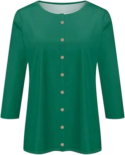 T-shirt pour femme, couleur unie, col rond, manches trois-quarts, Vert, XL - Nail Gallerys