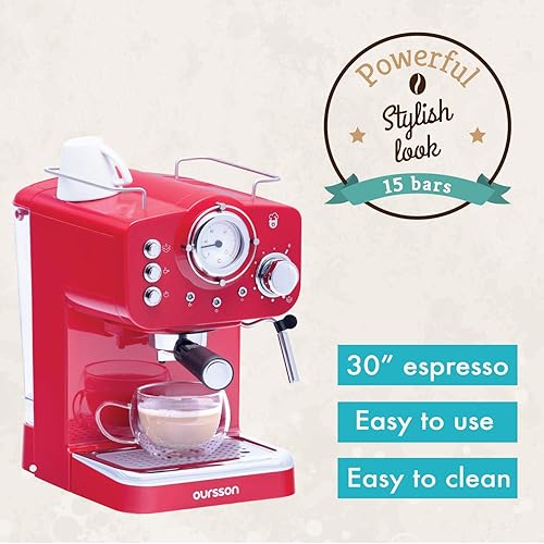 Oursson Machine à Café Expresso et Cappuccino, Buse Vapeur Réglable, Thermomètre, Rétro (Rouge) - Nail Gallerys