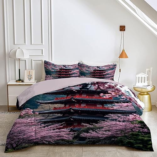 Qiwagu Couette 200x220 Style Japonais, Couette Imprimée Fleurs de Cerisier avec 2 Taies d'oreiller, E270 - Nail Gallerys