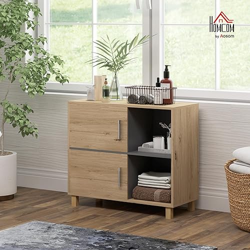 HOMCOM Meuble de Salle de Bain, Meuble de Rangement avec Compartiments Ouverts et Placard, Armoire Salle de Bain dim. 80l x 35P x 70H cm, Bois Naturel - Nail Gallerys