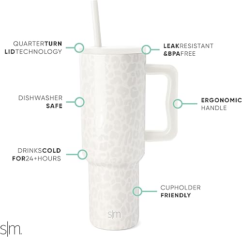 Simple Modern Mug Isotherme avec Poignée et Paille | Gourde Isotherme en Acier Inoxydable | Vaso de viaje para café helado | Trek | 1180ml | Cream Leopard - Nail Gallerys