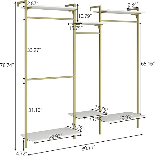 Tringle à vêtements, montage mural, charge lourde, ouverte, avec 4 tringles à vêtements et 6 étagères réglables à 6 niveaux, système d'étagères réglables - Nail Gallerys