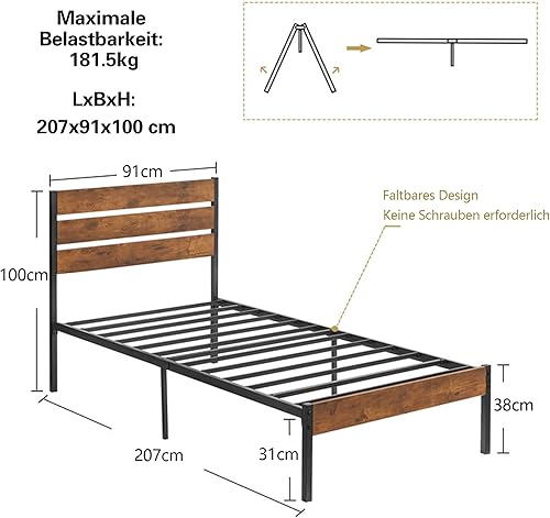 VECELO Cadre de lit 90x190 cm, avec Tête de lit en Bois, Support à Lattes en Métal Solide, Rangement sous Le Lit, Assemblage Facile, Marron - Nail Gallerys