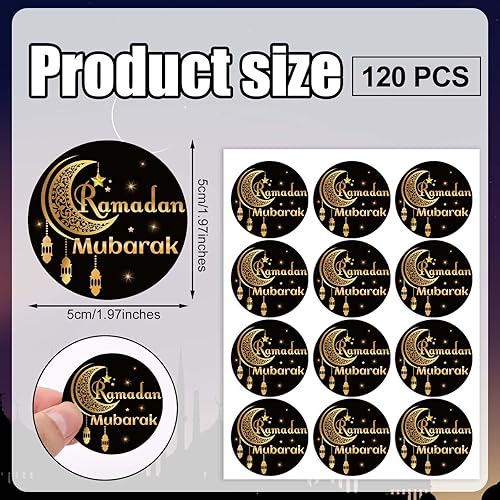 120pcs Ramadan Eid Mubarak Stickers, 5cm Auto-adhésif Autocollants Eid Noir et Or Étiquettes Ramadan pour Décoration Fête Musulmane Joint Enveloppe Emballage Cadeau Boîte à Bonbons (Style 2) - Nail Gallerys