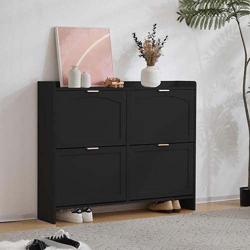 Meuble à chaussures moderne avec 4 compartiments à rabat, étagère à chaussures indépendante, étagères ouvertes, convient pour l'entrée ou le couloir, blanc, dimensions : L110/H90/P24 cm (White) - Nail Gallerys