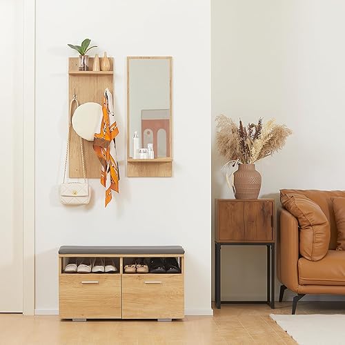HOMCOM Ensemble de Meuble d'entrée vestiaire d'entrée 3 en 1, 1 Porte-Manteau avec étagère, 1 Miroir avec étagère, 1 Banc à Chaussures avec Coussin en revêtement synthétique - Nail Gallerys