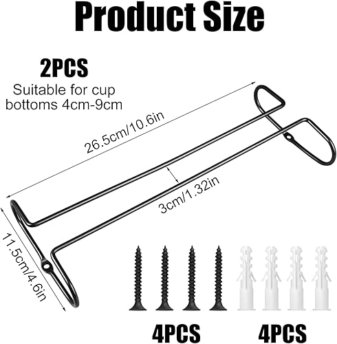 2 Pièces Porte Verres Suspendu, 26cm X 11.5cm Support Verre a Pied Suspendu en Métal Compatible avec le Fond 4cm-9cm, Rail Porte Verre A Pied pour Bars, Armoires à Vin, Armoires, Restaurant (Noir) - Nail Gallerys