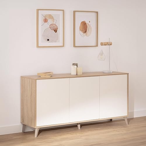 Habitdesign LOUNGITUDE - Laura - Buffet - 3 Portes - 3 étagères - Blanc/chêne - L154 x P40 x H75cm - Nail Gallerys