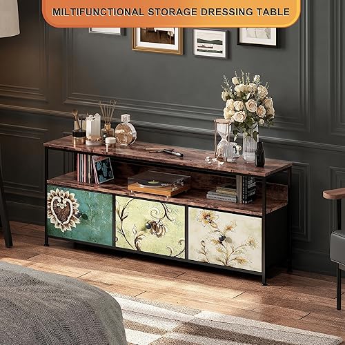 MINGZHE Meuble TV rétro, support multimédia, support TV avec tiroirs, centre de divertissement, console multimédia, meuble TV pour salon, rétro, multicolore, 108 x 30 x 57 cm - Nail Gallerys
