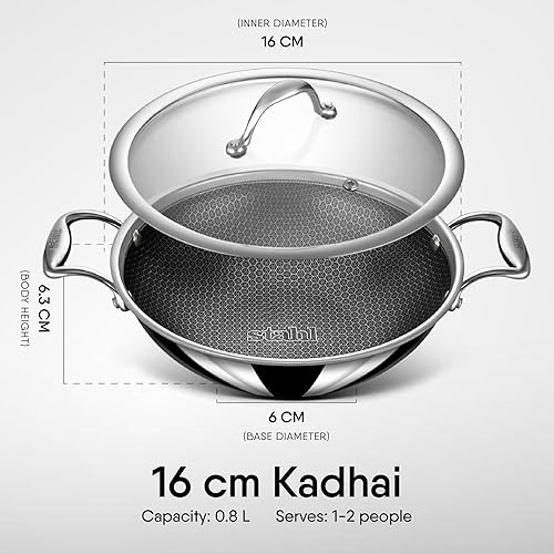 stahl Kadai triplement antiadhésif avec Couvercle | Kadai en Acier Inoxydable avec Base à Induction | Kadhai Triple épaisseur résistant aux Rayures | Hybride 6328, 28 cm, 4,4 L (pour 8 Personnes) - Nail Gallerys