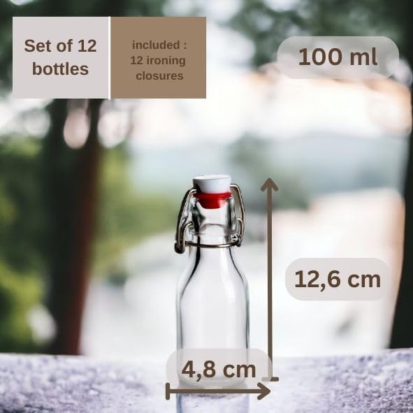 gouveo Lot de 24 bouteilles en verre rondes de 100 ml avec bouchon pivotant - petite bouteille à bouchon pivotant pour le remplissage - bouteille à bouchon pivotant pour liqueur, jus, huile (BFR100) - Nail Gallerys