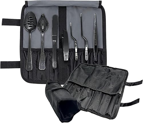 DOJA Barcelona | Outil de Placage de Chef Professionnel | Couleur: Noir | 7 Pièces avec Etui | pour Cuisine | Cuillere Perforee, Pincettes Pince Pinces Cuisson, Poisson, Crayon de Chef, Spatule... - Nail Gallerys