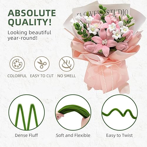350 Pièces Cure Pipe Chenille,Cure-pipe à Bricoler Set,Dense et Moelleux Fil Chenille,avec Tige Fleur,Ruban,Étamines,papier cadeau,pour Bouquets de Tulipes,DIY et Décoration(Rose） - Nail Gallerys
