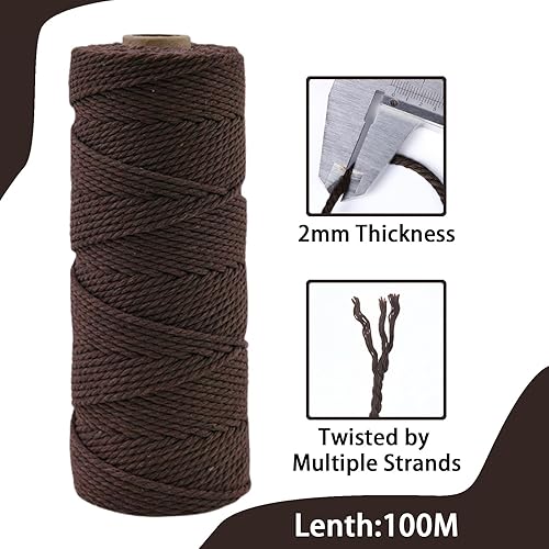 POPOYU Corde Ficelle en Coton Naturel pour Macramé - 2 mm - 100 m - Sans Produits Chimiques - Pour Loisirs Créatifs, Macramé, Emballage Cadeau, Décoration de Noël et de Mariage - Marron - Nail Gallerys