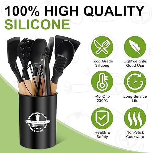 HOSSOM Ustensiles de Cuisine en Silicone 12 Pièces Set Ustensile Cuisine Antiadhésifs avec Poignée en Bois avec Porte-Ustensiles Cuisine Accessoires Passe au Lave-Vaisselle - Nail Gallerys
