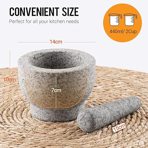 Tera Mortier et Pilon en Marbre Granit avec Couvercle en Pierre Massif 14 cm de Diamètre pour Épices Cuisine avec Un Brevet de Conception, Gris - Nail Gallerys