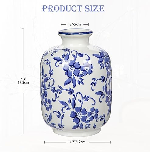 Arborus Vase en porcelaine bleu et blanc, 18,5 cm, en céramique, style rustique, bleu gris, pour fleurs, herbe de la pampa, roses, hortensia, lavande, style maison de campagne, scandinave, décoration - Nail Gallerys