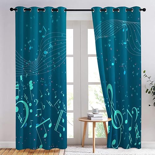 Rideau Occultant Note de Musique Turquoise - Lot de 2 Rideaux Thermiques Isolants Anti Froid Imprimé pour Salon Chambre Fenetre, Rideaux et Draperies Intérieurs à Oeillets, 140x160 cm (LxH) - Nail Gallerys