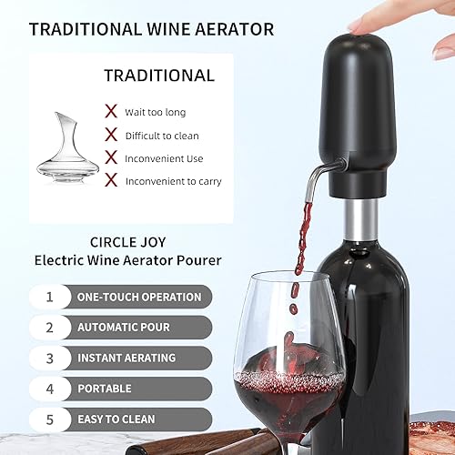 CIRCLE JOY Aérateur de Vin Électrique Verseur Rechargeable 2-en-1 Automatique Décanteur de Vin, Distributeur de Vin, Cadeaux pour Les Amateurs de Vin, Noir - Nail Gallerys
