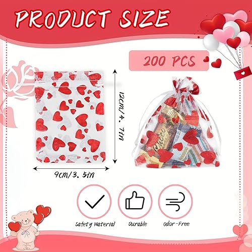 Chostky Lot de 200 sachets cadeaux en organza - 9 x 12 cm - En organza - Avec cordon de serrage - Pour la Saint-Valentin, un mariage, Noël, une fête, des bonbons - Nail Gallerys