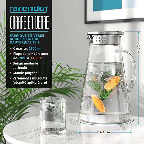 Arendo Carafe en verre avec couvercle en acier inoxydable de qualité alimentaire, Verre borosilicaté, 1,8L, Carafe Eau en Verre, Cruche en Verre pour les Boissons, Thé Glacé l'eau Chaude Jus Café vin - Nail Gallerys