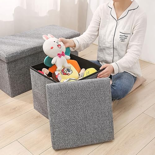 Venga amigos Coffre de Rangement 40 x 25 x 25 cm Pliable Tabouret avec Espace de Rangement Multifonction Rangement Repose Pieds Boîte pour Rangement et comme Siège, Lin, Gris - Nail Gallerys