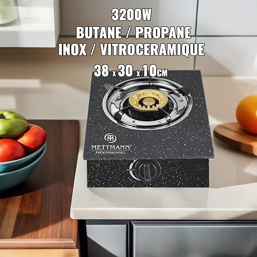 Réchaud Gaz Simple 1 Brûleur 3.2 kW, Allumage Piézo, Vitroceramique Noir Moucheté Facile à Nettoyer. Portable, Autoportant, Idéal Intérieur, Extérieur, Caravane, Camping. Puissance totale 3.2kW - Nail Gallerys
