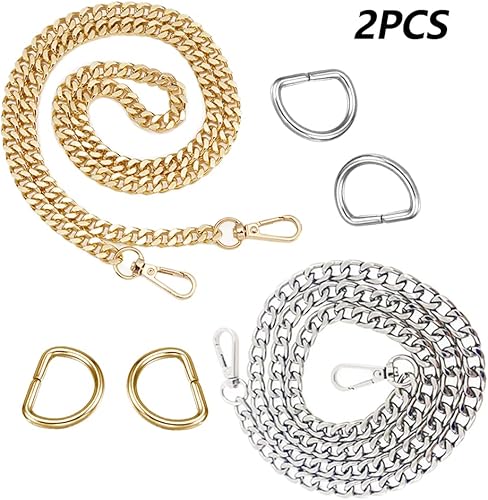 Aweisile chaîne sac à main 2pcs Bandouliere pour Sac Chaîne de Rechange en Métal Chaîne de Sac à Bandoulière avec Boucles et Anneaux en D,Poignées de Sac à main,120cm(Dorée,Argent) - Nail Gallerys