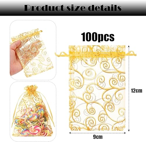 Lot de 100 sachets en organza doré - 9 x 12 cm - Avec cordon de serrage - Réutilisables - Pour festival, fête et mariage - Nail Gallerys