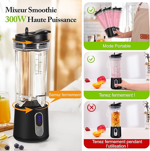 SOLVIEW Blender Portable, 500ml Sans BPA Mixeur Smoothie, 18000 TR/min Puissant Mixeur Smoothie avec 4 Lames, 300W Mini Mixeur USB-C Rechargeable, Mini Blender Avec Paille, Couvercle de Voyage et Bros - Nail Gallerys