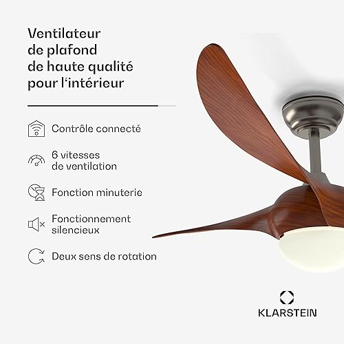 KLARSTEIN Monteverde Ventilateur de Plafond avec Lumière – Télécommande & App, 6 Vitesses, Modes Été & Hiver, Lumière Dimmable, 132cm, Érable - Nail Gallerys