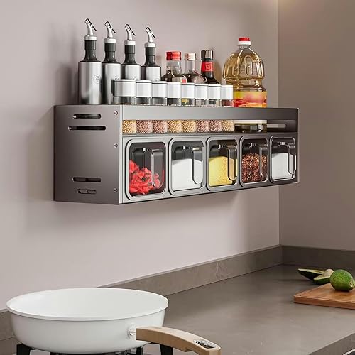 Étagère Murale à Épices, Organisateur de Cuisine avec 5 Bocaux Transparent, Porte-Épices Muraux pour Cuisine, Rangement pour Garde-Manger et Armoire,5 Grids - Nail Gallerys