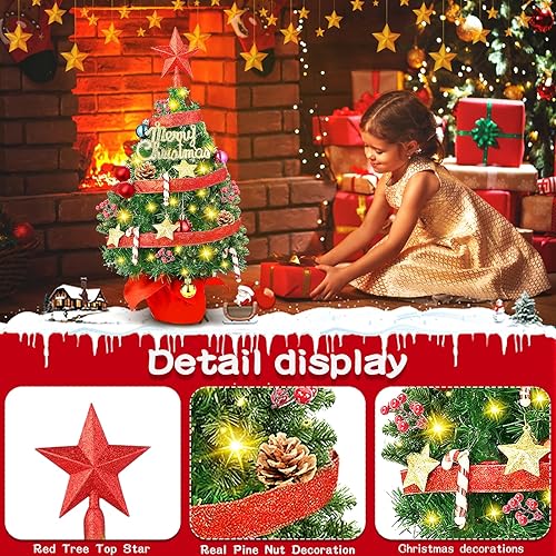 MWZEAUL Petit Sapin de Noël Lumineux 50 cm, Mini Sapin de Noël Artificiel avec 30 LED Guirlande Lumineux et Ornements, Étoile Sommet Rouge Arbre de Noël Decoration Intérieur Sapin de Noël pour Table - Nail Gallerys