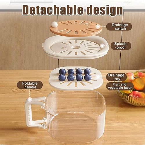 DONGKER Bol de Lavage de Fruits,Panier de Conservation Égouttant Amovible avec Poignée Pliante Cachée et Couvercle pour le Lavage des Fruits et Légumes,Drainage et le Stockage Frais - Nail Gallerys