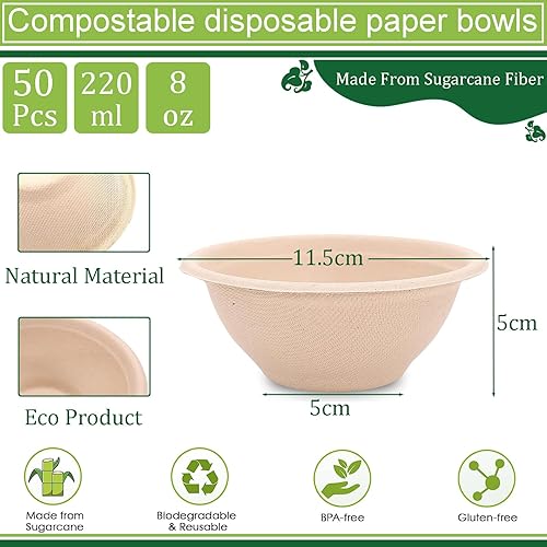 50 Bols Jetables 480ml Bol en Canne à Sucre,Bol en Carton Krafte,Biodégradable,Compostable Vaisselle Jetable Canne à Sucre Bols en Papier pour Pique-niques,Fêtes,Maison les Aliments Chauds et Froids - Nail Gallerys