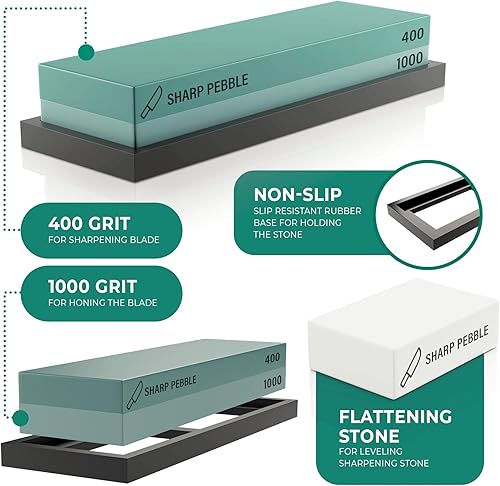 Sharp Pebble Prime Pierre à Aiguiser Aiguiseur Couteaux 2 Grains 400/1000 Pierre d’Affûtage - Aiguiseur De Pierres à Eau avec Base en Caoutchouc Antidérapant, Pierre à Aplatiret et eBook - Nail Gallerys