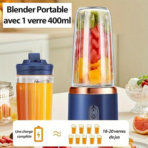 KSALUX - Blender Portable 6 Lames |3 accessoires coupe fruit I Rechargeable USB | 21,000 tr/min | 400ML | Smoothies, Shake, Fruits, Légumes, Glaçons | Facile à Nettoyer et Utiliser | 1 Verre - Nail Gallerys