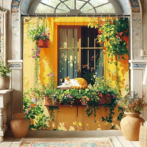 Rideau de douche pour fenêtre de chat, illustration de chat coloré avec motif floral jaune pour décoration de salle de bain, ensemble de rideau de douche en tissu imperméable avec crochets de 183 x - Nail Gallerys