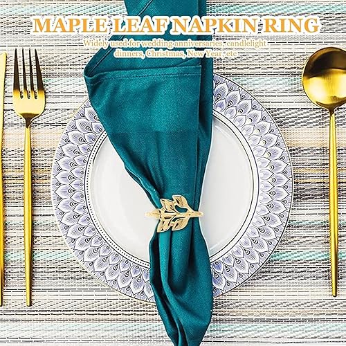 Kafei 6 pièces Feuilles d'or Ronds de Serviette, Porte-Serviettes, Boucle de Serviette Noël hôtel Restaurant Mariage Serviette Cercle dîner décoration de Table Gold+leaves - Nail Gallerys