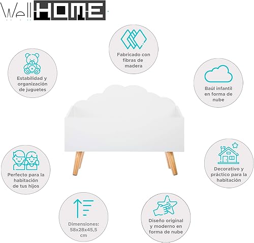 Well Home - Coffre pour enfant « Nuage » blanc parfait pour le rangement des jouets 58 x 28 x 45,5 cm - Nail Gallerys