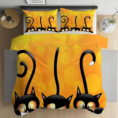 Parure de Lit 140x200 Enfant - Chat Mignon Jaune Noir Imprimé Housse de Couette avec 2 Taies d'oreiller - Animal 1 Personne Ensemble de literie pour Filles Garçons Décoration Chambre Lr157 - Nail Gallerys
