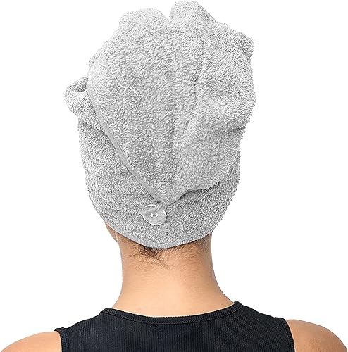 Sapphire Collection Serviette de Séchage pour Cheveux - 100% Pur Coton Éponge Doux, Turban Absorbant avec Boucle et Bouton pour Cheveux Longs (Argenté) - Nail Gallerys