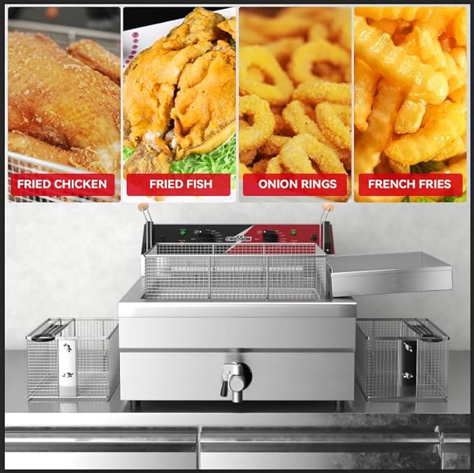 Friteuse électrique à trois paniers CROSSON 24L avec bec verseur d’huile, grille de vidange d’huile, friteuse à beignets commerciale pour faire frire un poisson ou un poulet entier - Nail Gallerys