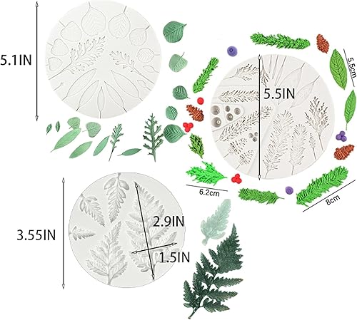 Lot de 3 moules en silicone en forme de feuille, fougère, sapin, pommes de pin, feuilles d'eucalyptus, gumpaste - Outils de décoration de gâteaux 3D pour pâte à sucre et argile polymère (3 moules en - Nail Gallerys