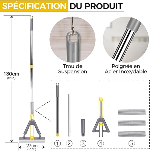 Midyb Balai Éponge Absorbant, Balai Serpillère Éponge avec 3 Super Absorbant Réutilisables PVA Éponge Head, 123cm Manche Télescopique Serpillere Nettoyage Sol pour Sols en Bois, Carrelage - Nail Gallerys